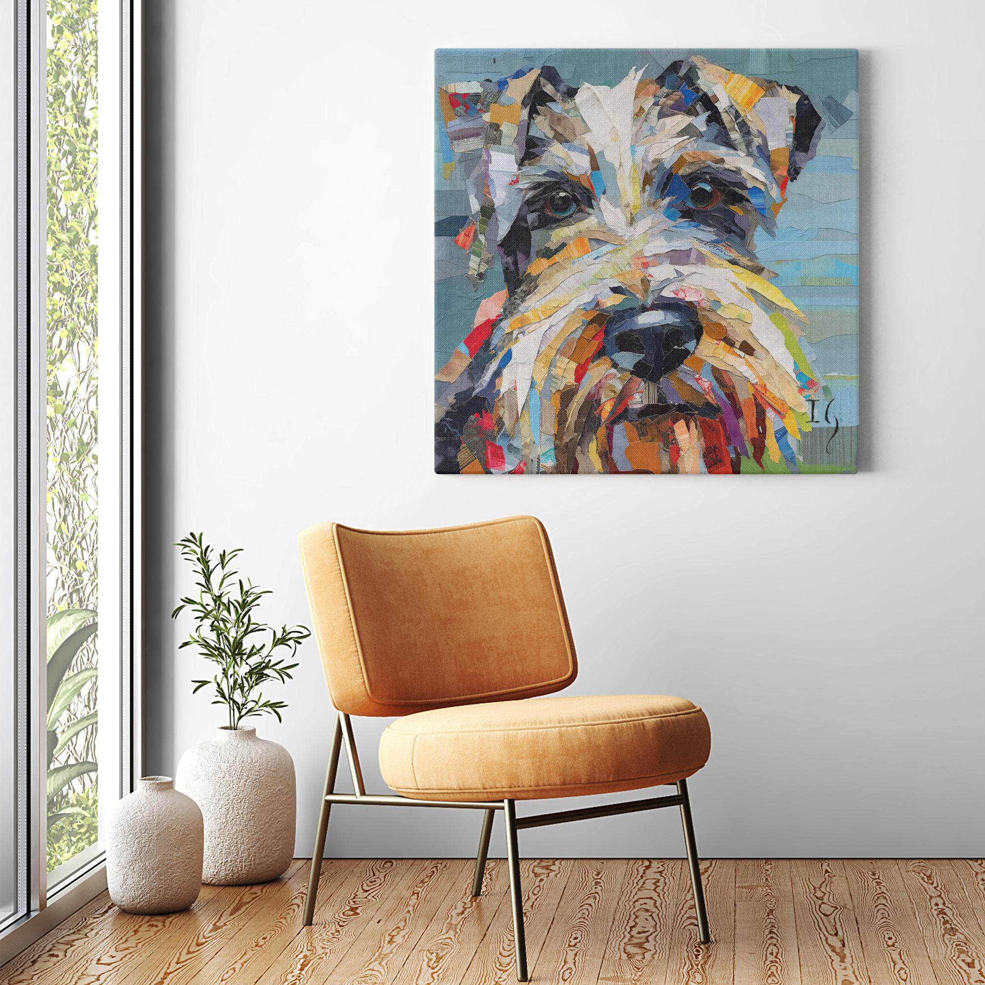 Paper Schnauzer Portrait artwork detail - colorful pet portrait art wall art