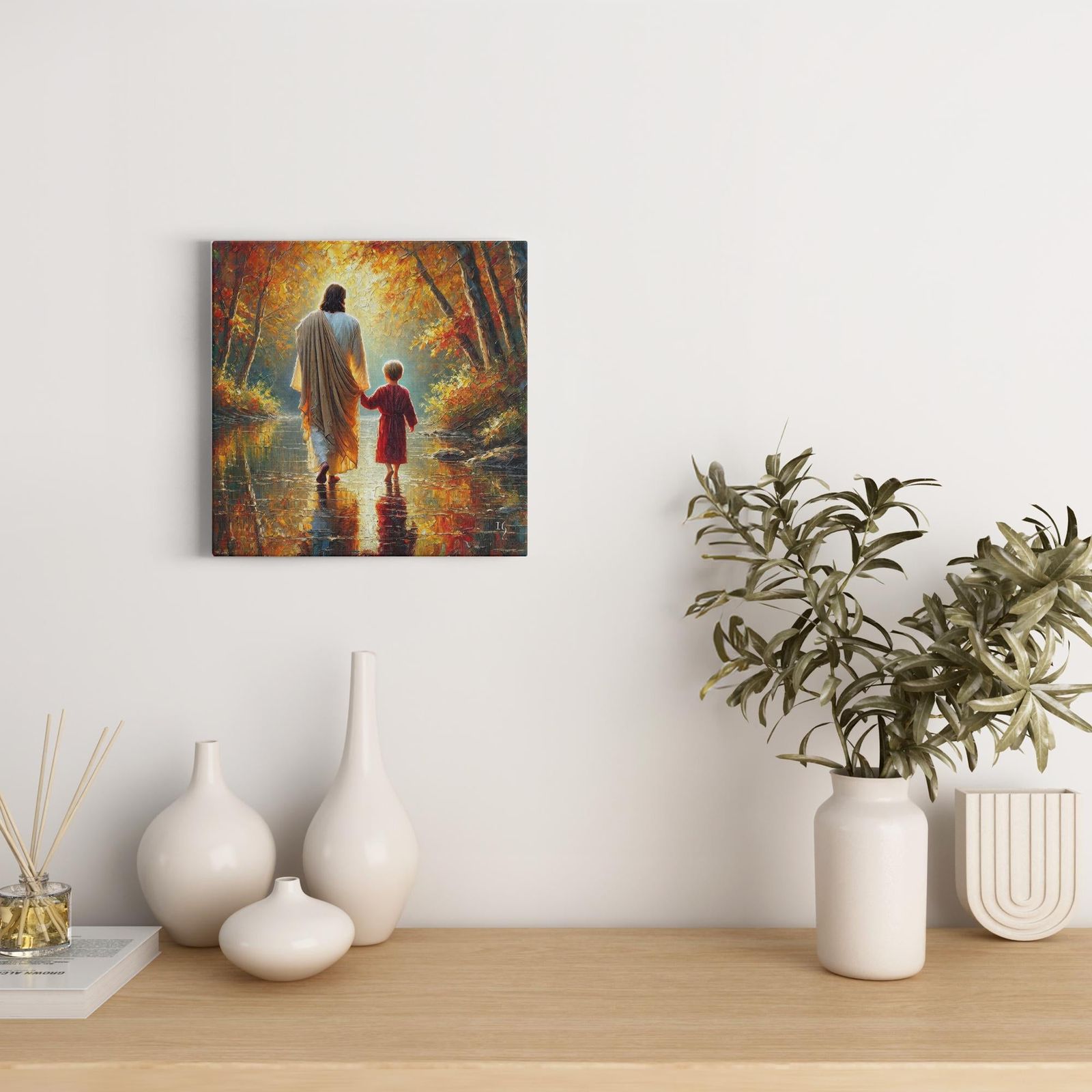 Autumn’s Embrace: Walk of Grace artwork detail - smiling Jesus painting wall art