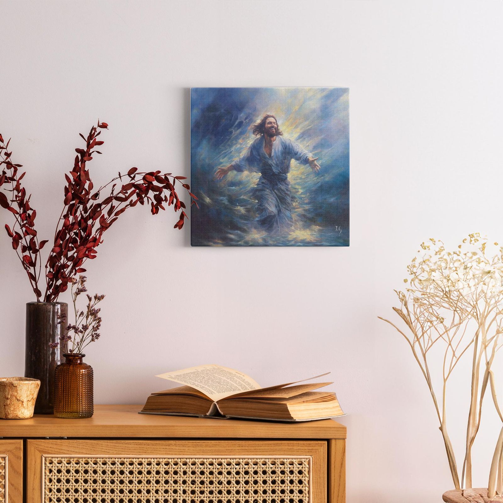 Calmly Conquering the Currents artwork detail - smiling Jesus painting wall art