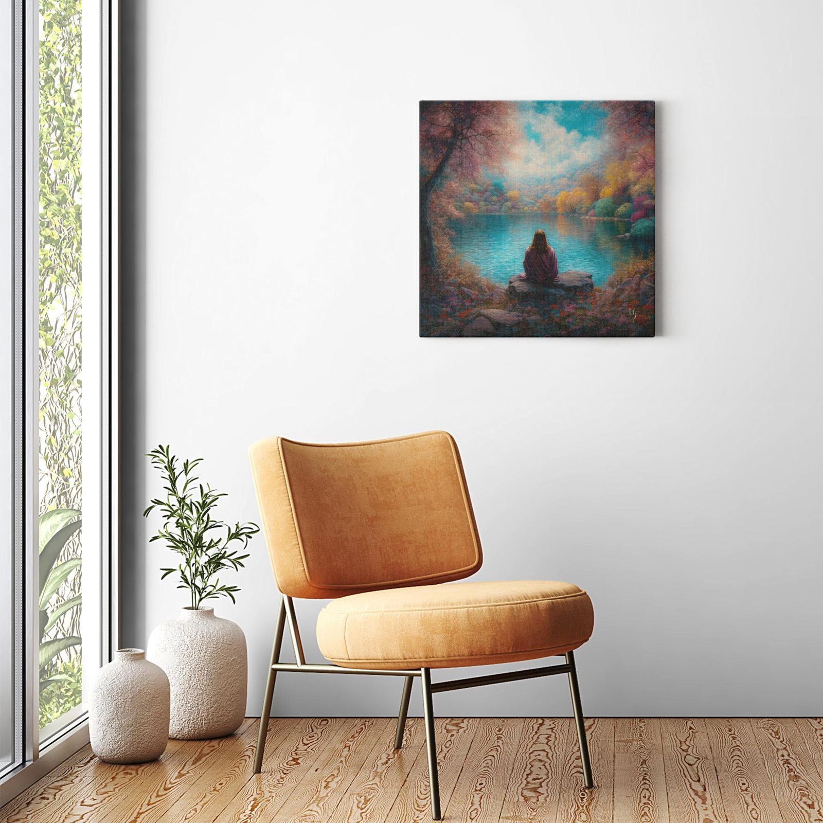 Jesus; Tranquility Embodied on Water artwork detail - smiling Jesus painting wall art