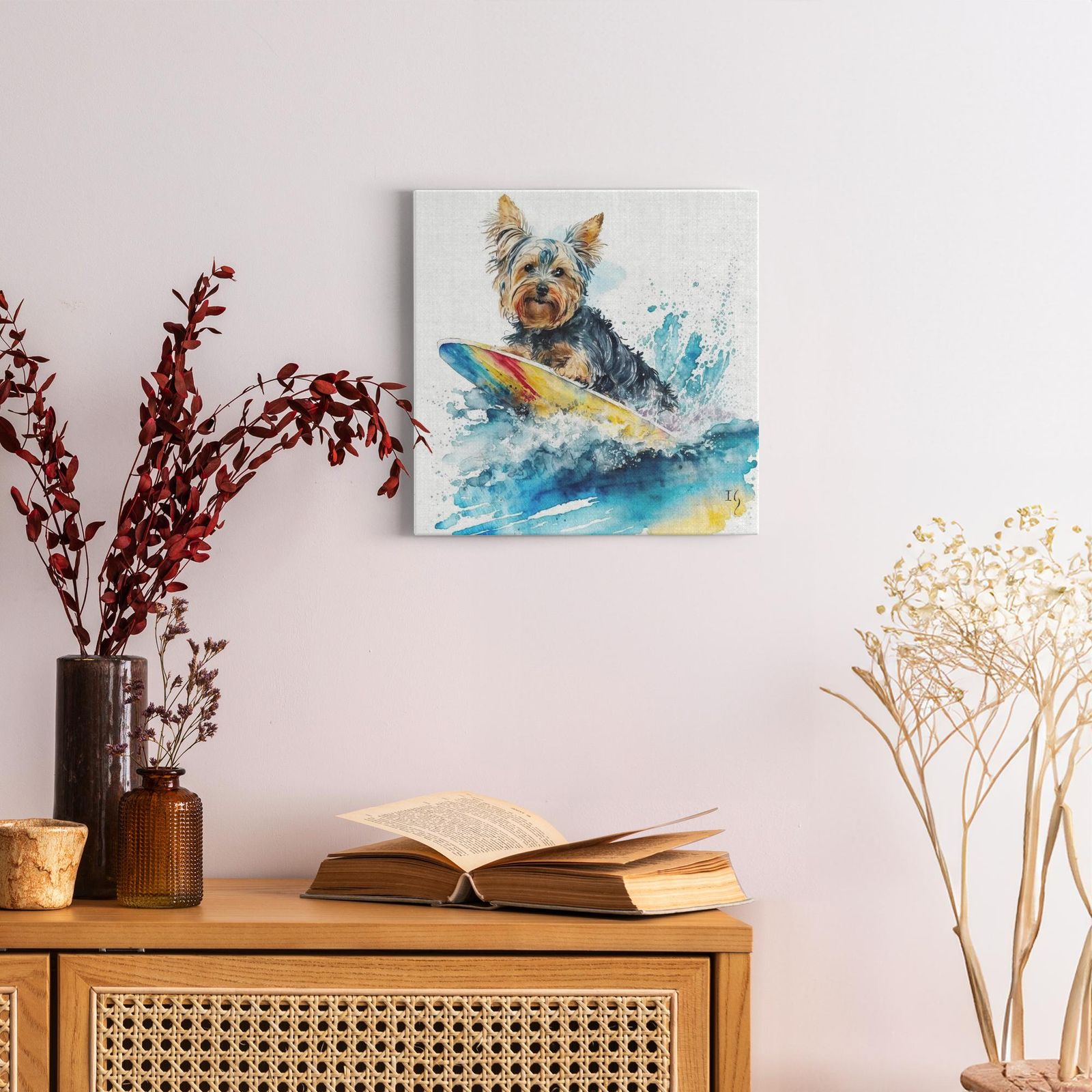 Surfs Up, Terrier Style! artwork detail - colorful pet portrait art wall art