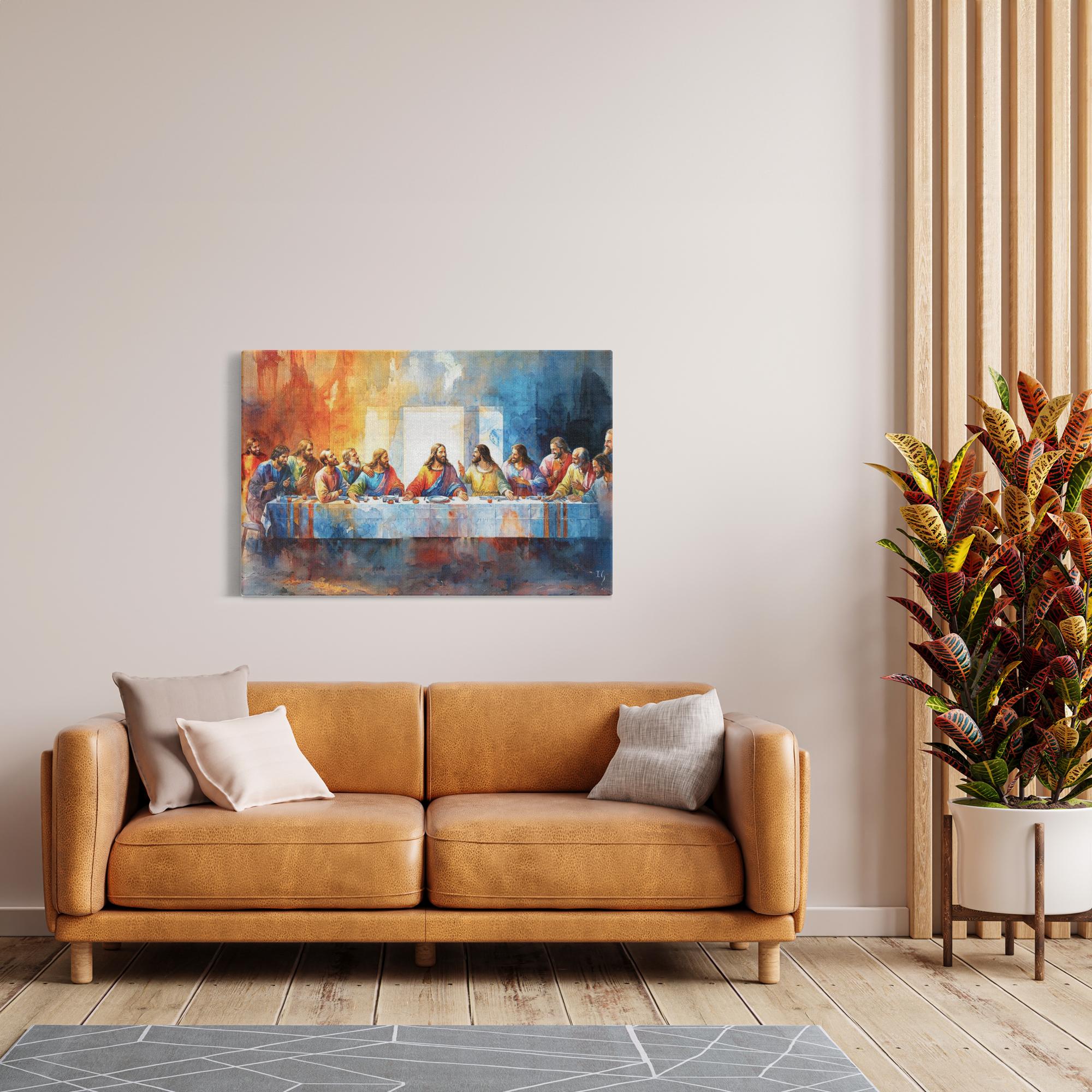 Last Supper - Communion in Color artwork detail - smiling Jesus painting wall art