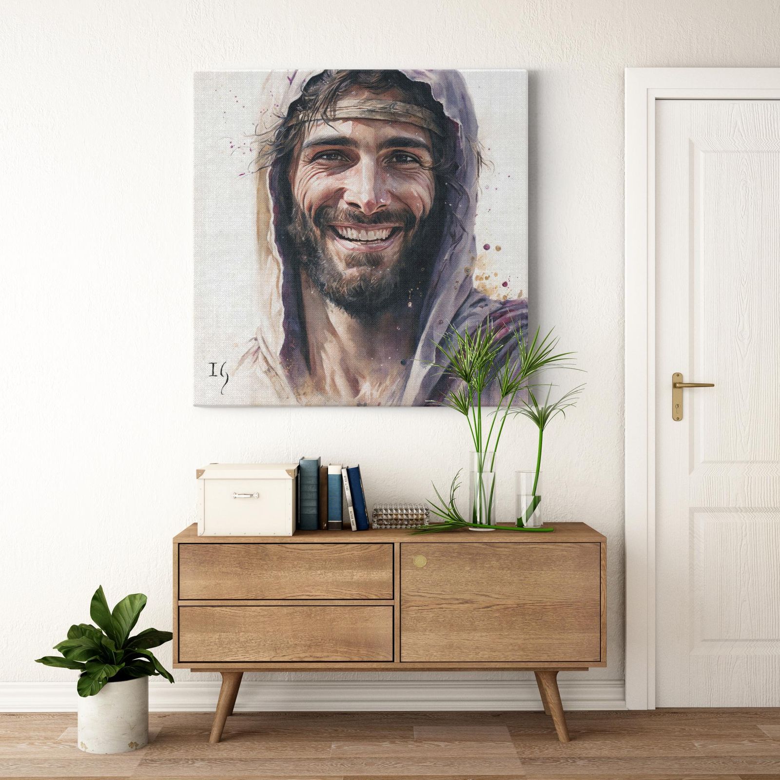 Jesus smiling painting on canvas hanging above wooden console - faith-based wall decor