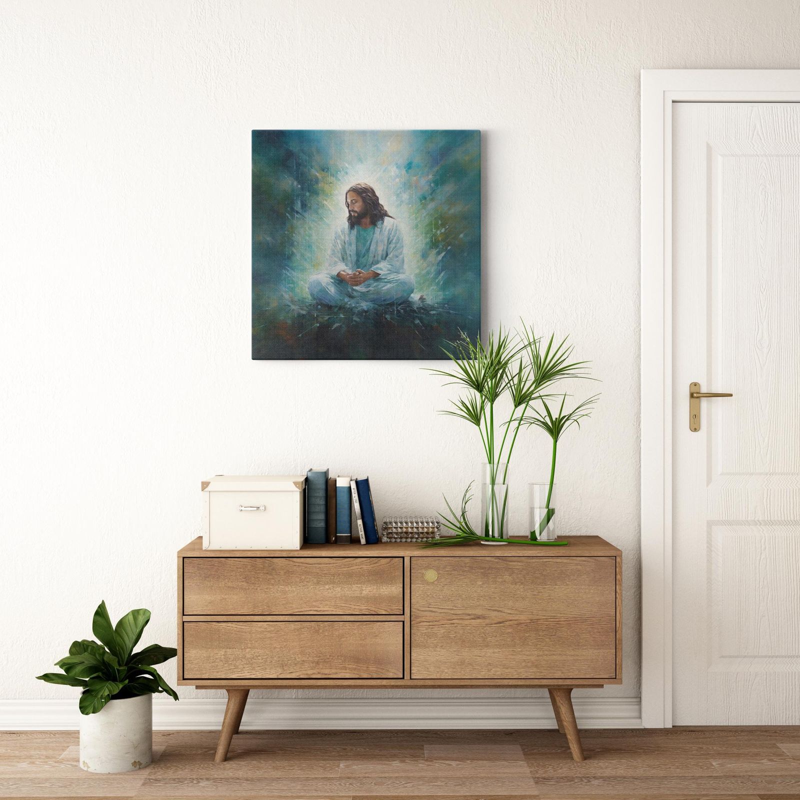 Jesus Serene Meditation artwork detail - smiling Jesus painting wall art