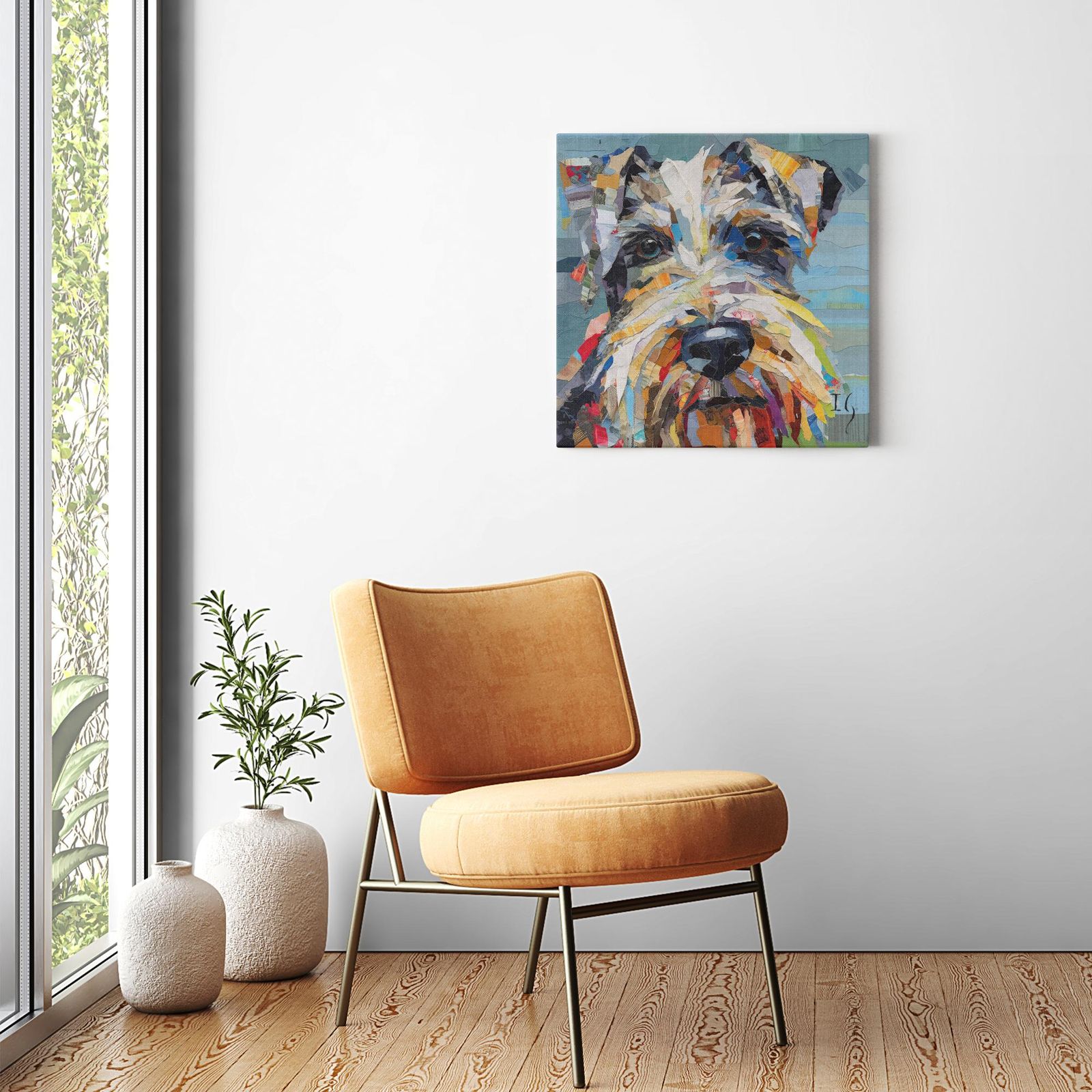 Paper Schnauzer Portrait artwork detail - colorful pet portrait art wall art