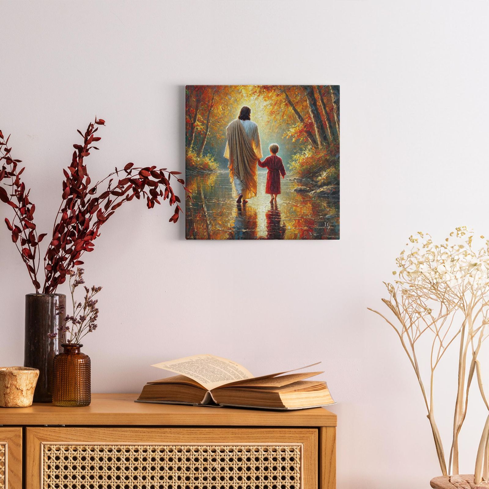 Autumn’s Embrace: Walk of Grace artwork detail - smiling Jesus painting wall art