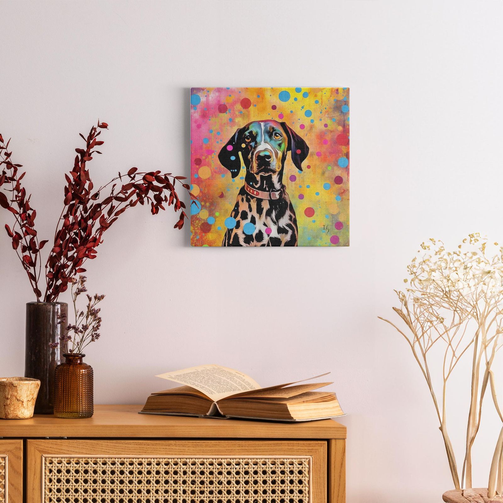 Spotted Charm artwork detail - colorful pet portrait art wall art