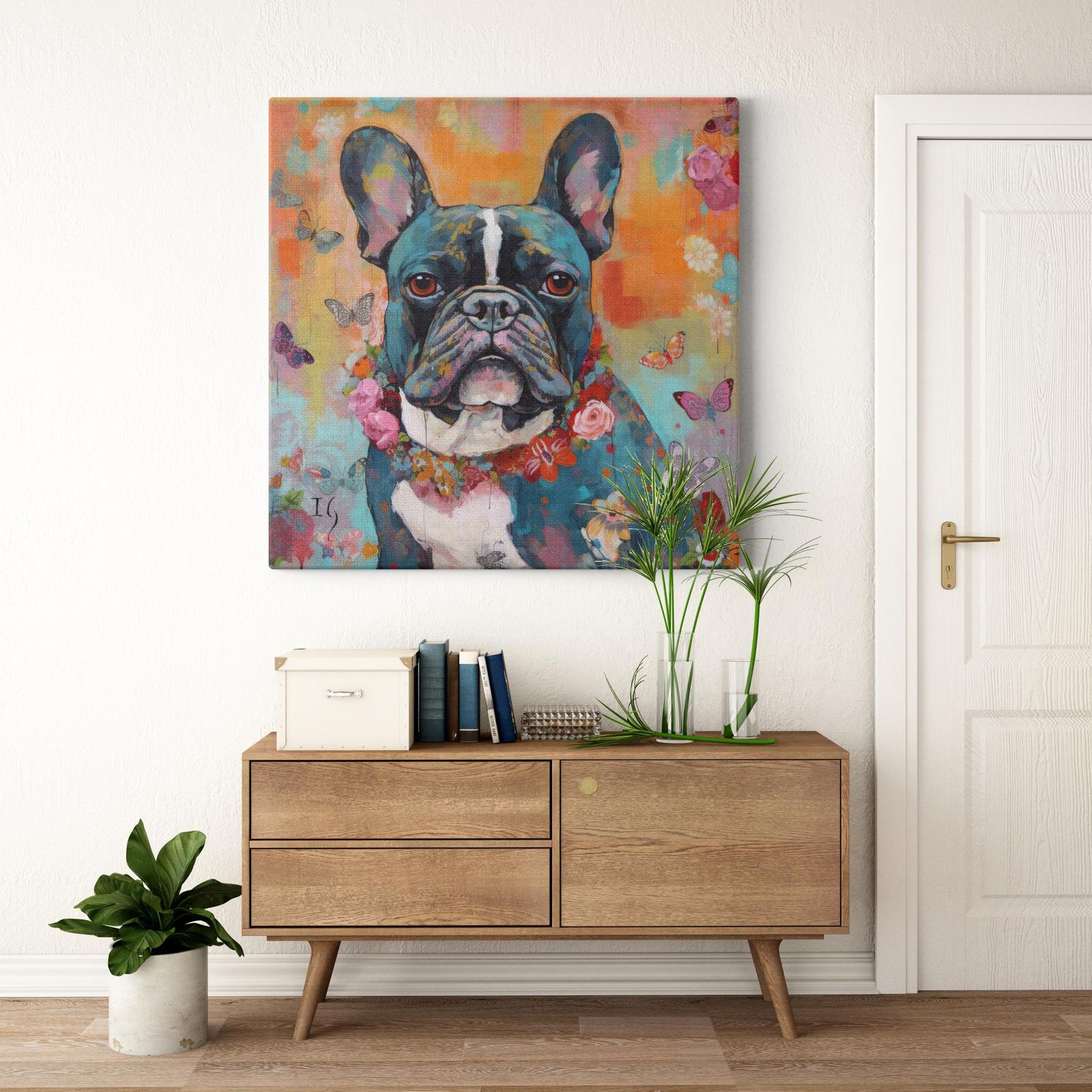 Blossoming Bulldog Brilliance artwork detail - colorful pet portrait art wall art