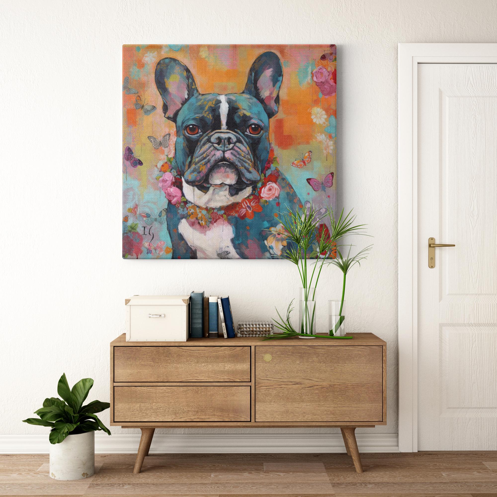 Blossoming Bulldog Brilliance artwork detail - colorful pet portrait art wall art