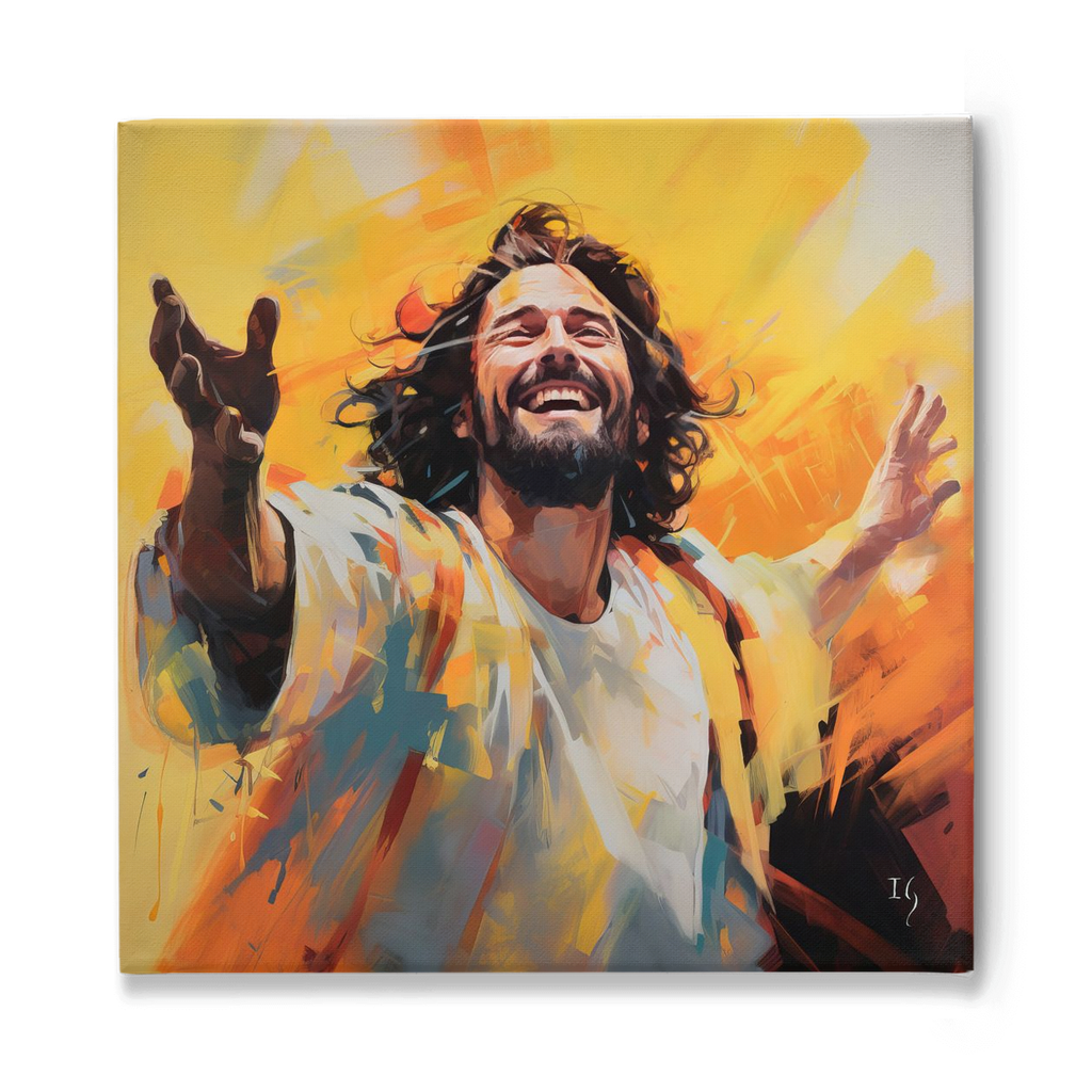 Jesus; The Light of the World - Vibrant artwork featuring a bearded man in joyous expression, reaching out with his hands, set against a luminous golden backdrop filled with dynamic brush strokes.