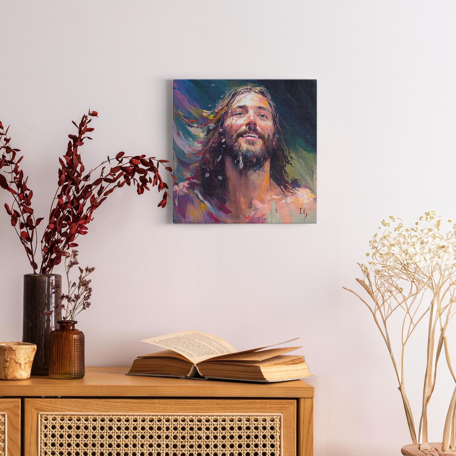 Jesus- Joyful Messiah artwork detail - smiling Jesus painting wall art