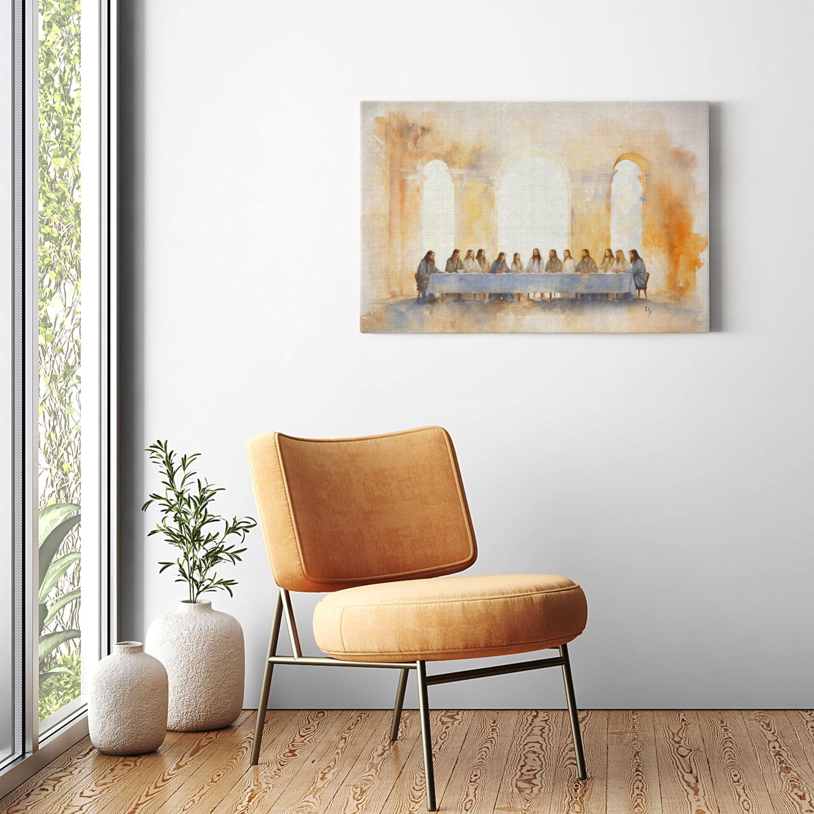 The Last Supper: Divine Gathering artwork detail - smiling Jesus painting wall art