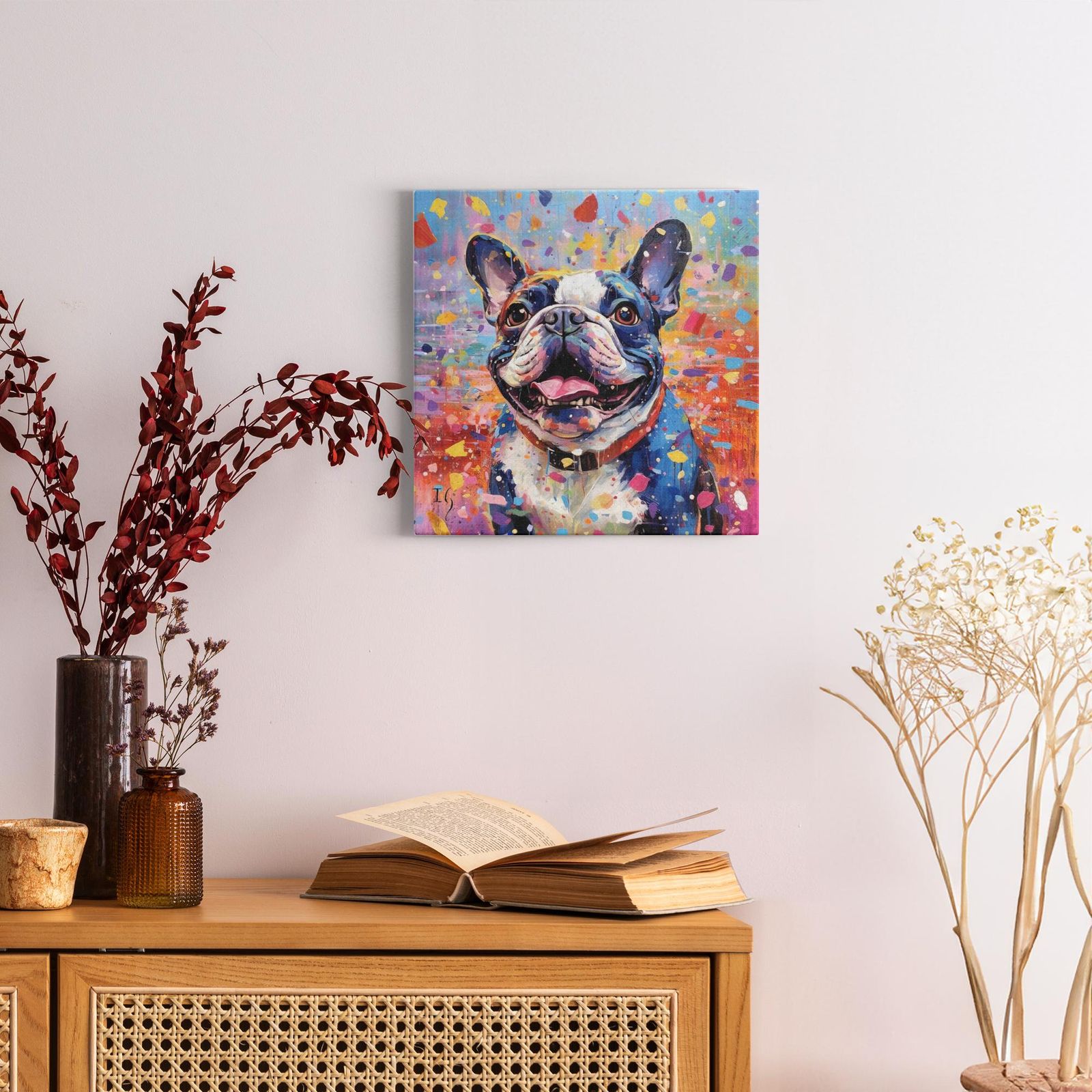 Joie De Vivre - Playful Frenchie artwork detail - colorful pet portrait art wall art