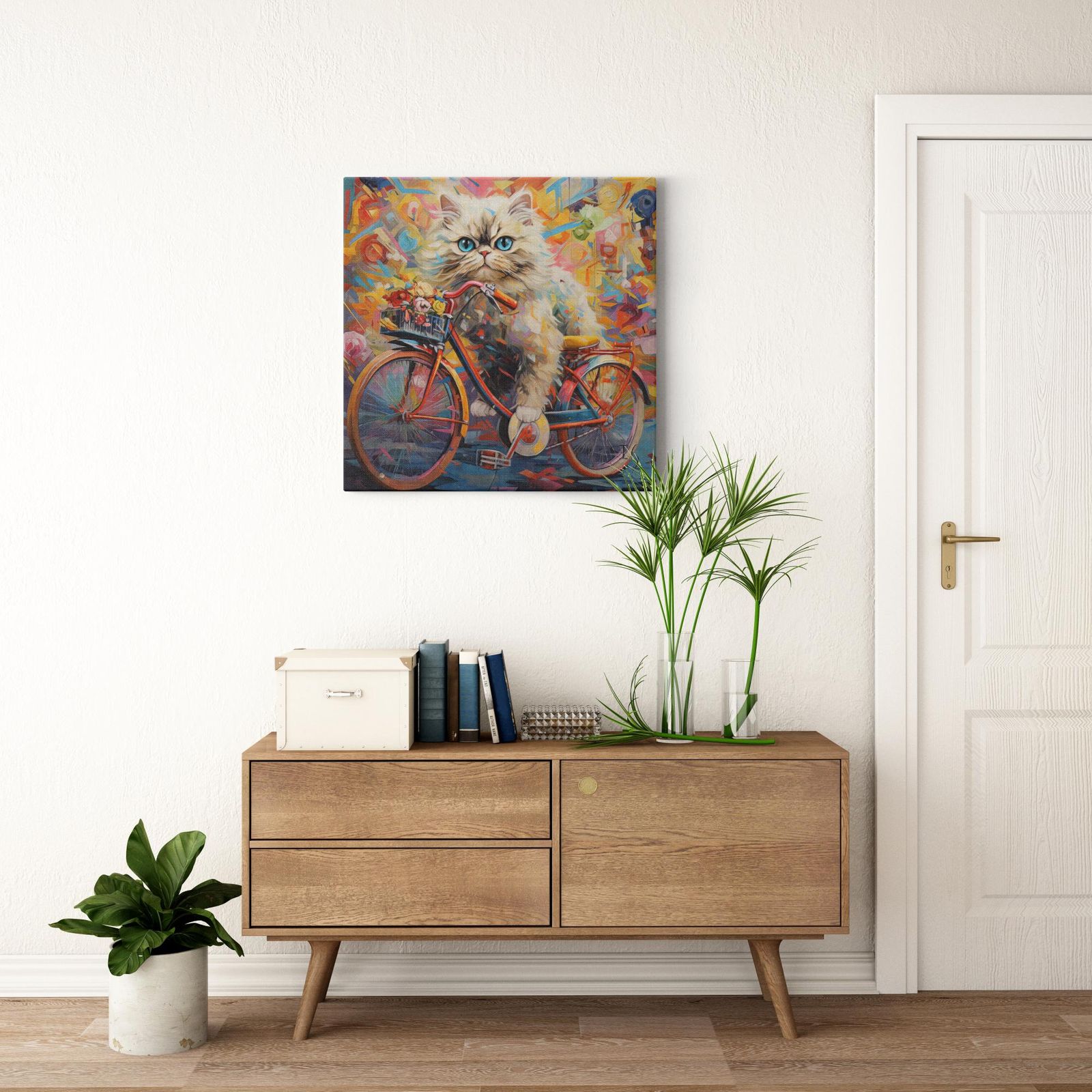 Kitten's Floral Ride artwork detail - colorful pet portrait art wall art