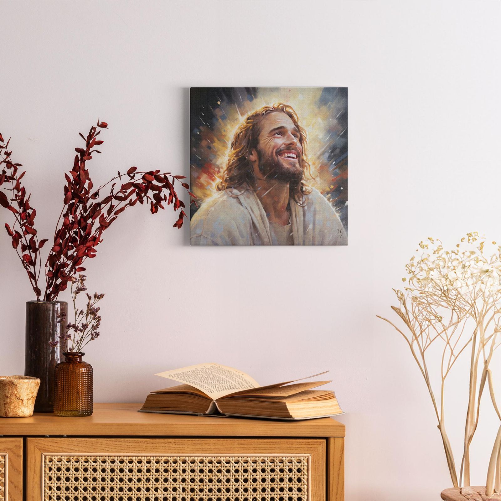 Jesus - Radiant Embrace artwork detail - smiling Jesus painting wall art