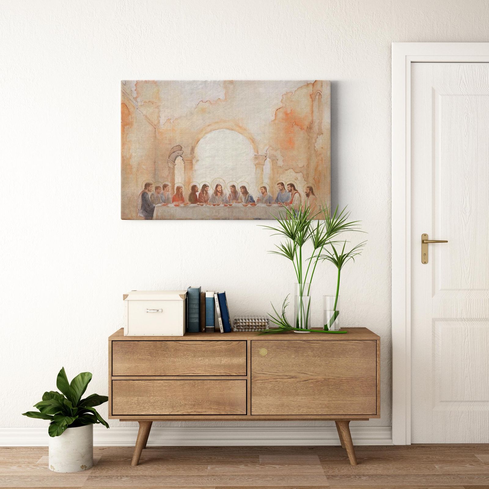 Last Supper Landscape - Celestial Light artwork detail - smiling Jesus painting wall art