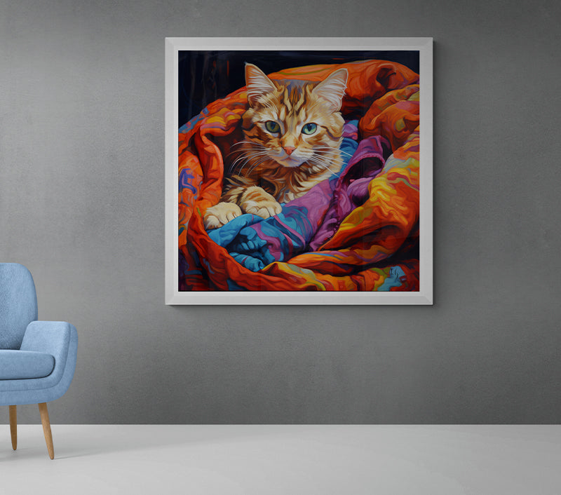 A captivating artwork capturing a ginger cat ensconced in a tapestry of brilliantly colored fabrics. The cat's luminous eyes sparkle with curiosity, contrasting beautifully with the warm and cool tones enveloping it.