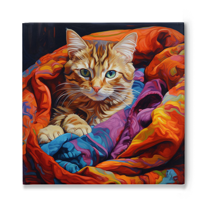 A richly detailed portrait of a ginger cat nestled comfortably within a vibrant, multicolored blanket. The cat's mesmerizing green eyes gaze intently at the viewer, surrounded by the swirling patterns and hues of orange, blue, purple, and red from the fabric.