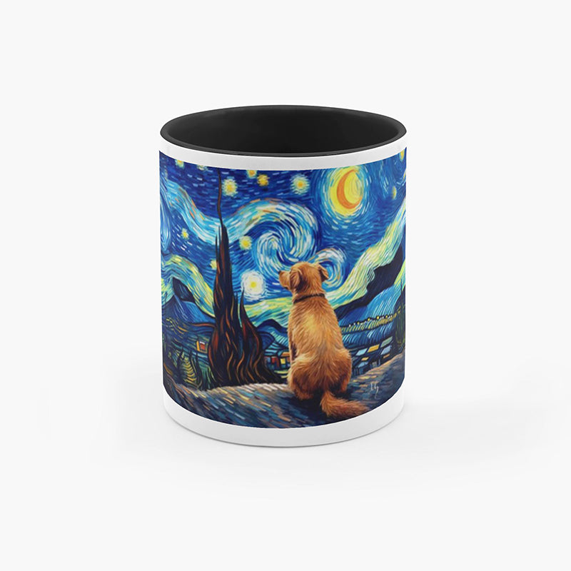Starry night mug with a golden retriever, combining timeless art and pet-friendly charm.