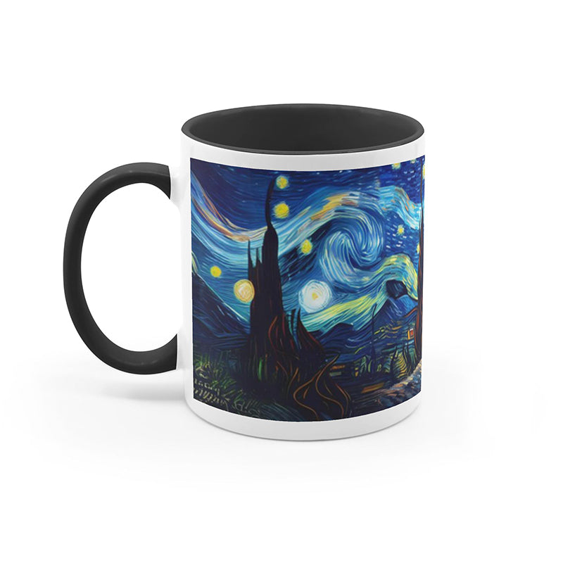 Golden retriever gazing at a vibrant starry night scene on an artistic ceramic mug.