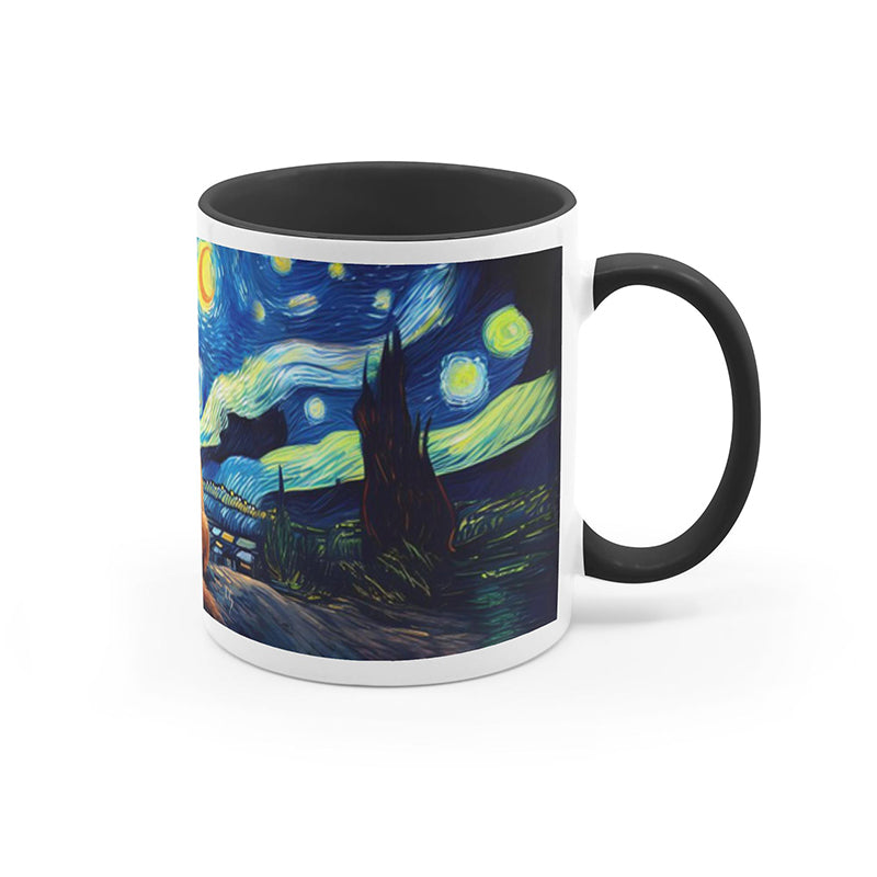 Pet Paradise mug with a golden retriever under a Van Gogh-inspired starry sky.
