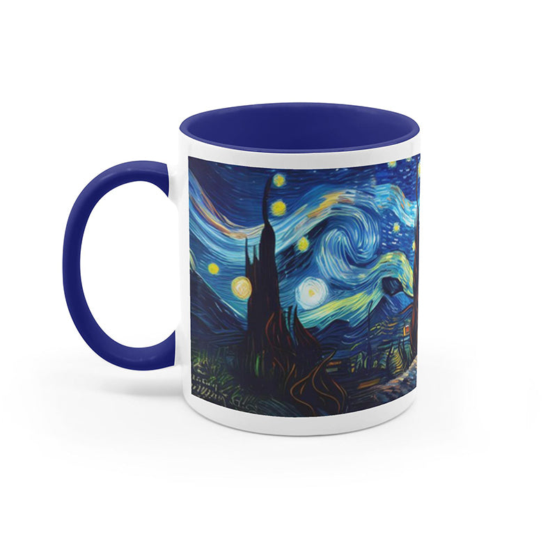 Golden retriever sitting under a starry night in an artistic Van Gogh-inspired mug design.