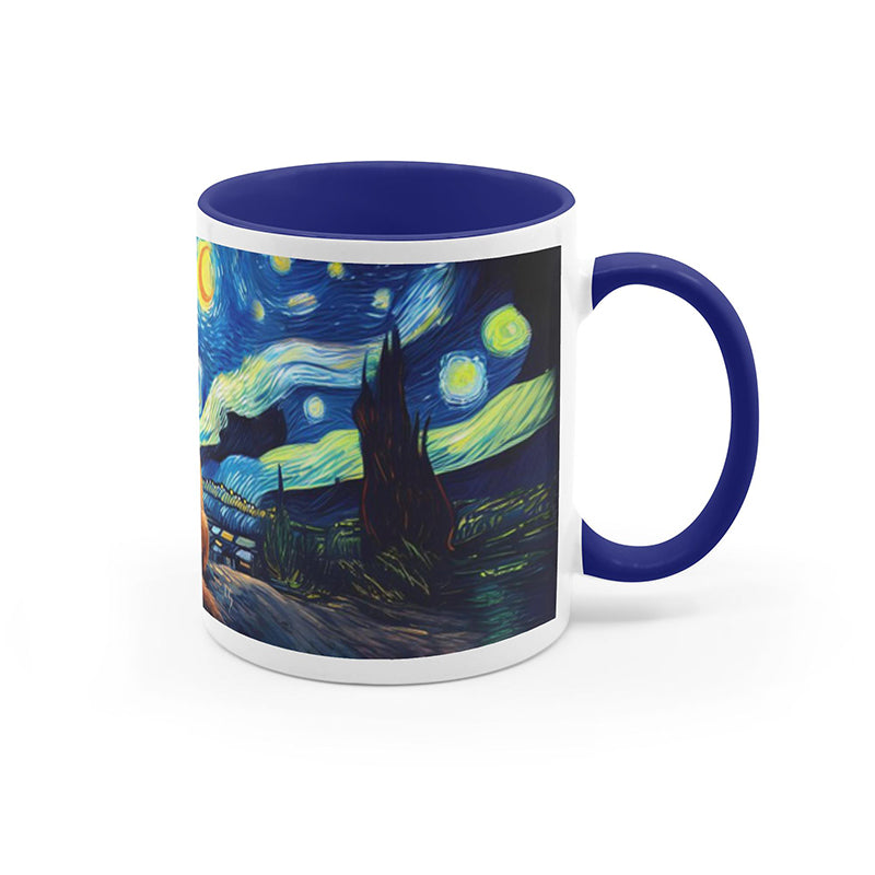 Mug featuring a golden retriever admiring a Van Gogh-style starry sky, perfect for pet and art lovers.