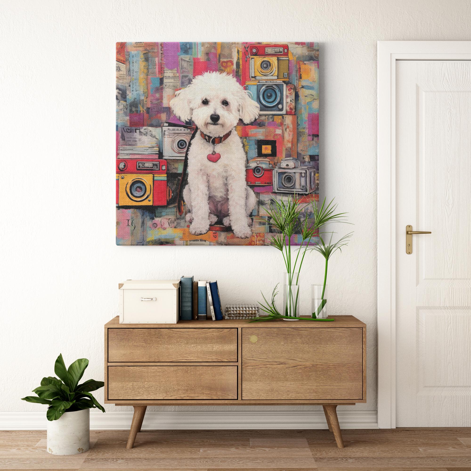 Canine Newsprint Chronicle artwork detail - colorful pet portrait art wall art