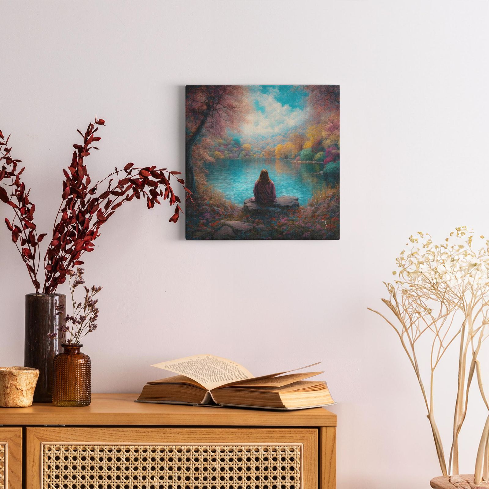 Jesus; Tranquility Embodied on Water artwork detail - smiling Jesus painting wall art