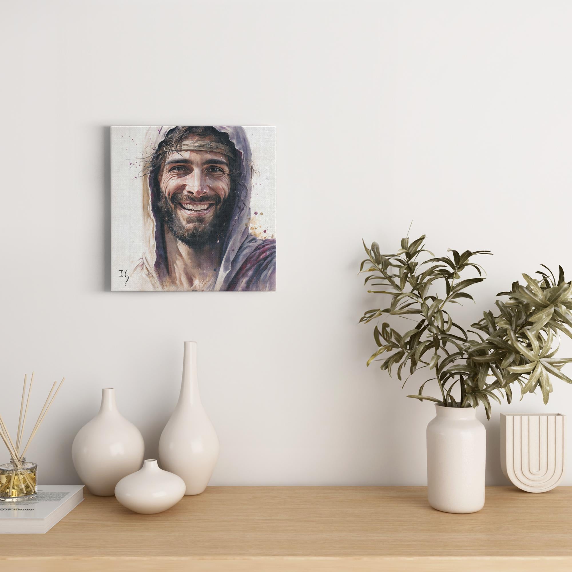 Smiling Jesus picture on premium canvas in minimalist room - Christian art for home