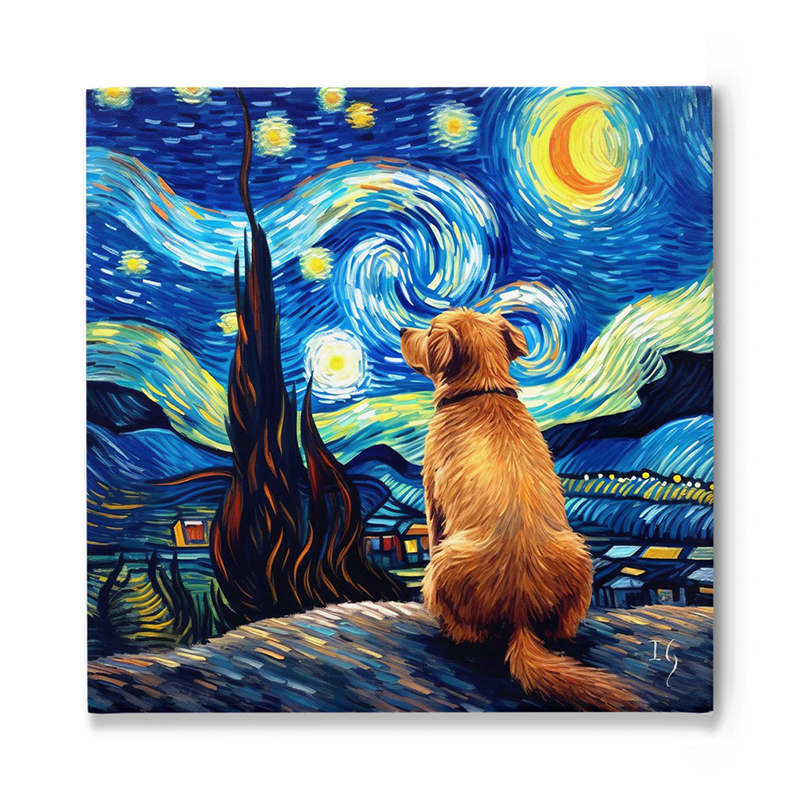 Golden retriever gazing at a swirling starry night, evoking a sense of wonder and timeless connection between nature and companionship.