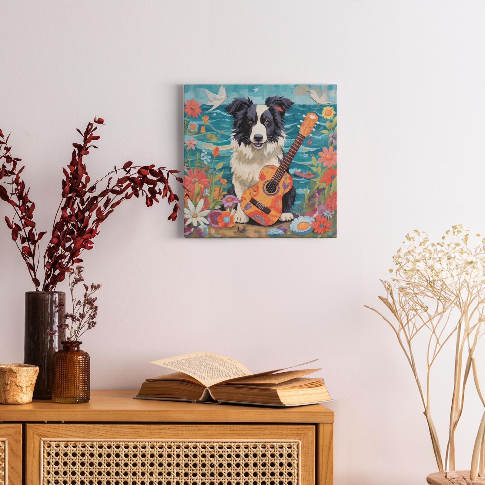 Beachside Collie Charm artwork detail - colorful pet portrait art wall art