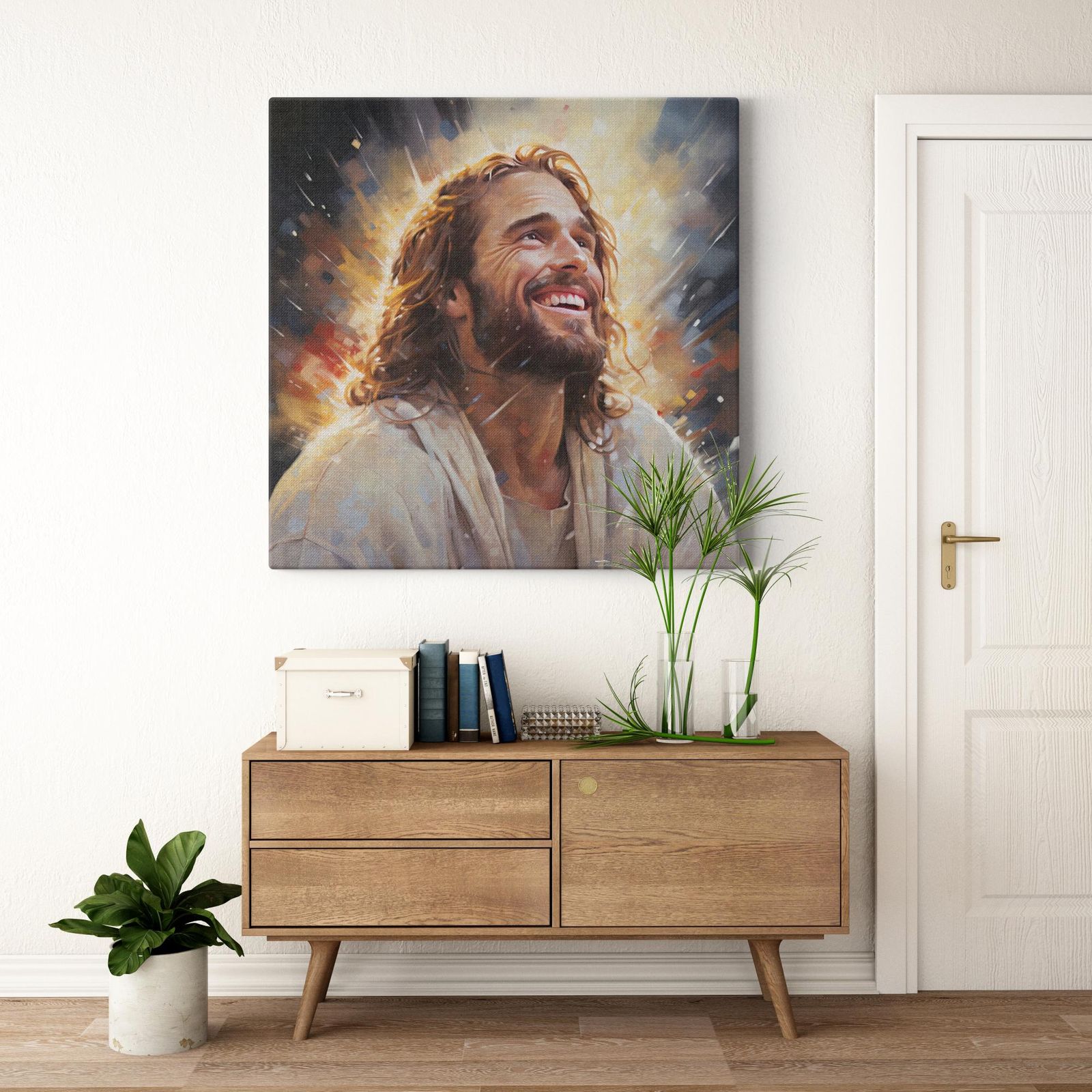 Jesus - Radiant Embrace artwork detail - smiling Jesus painting wall art
