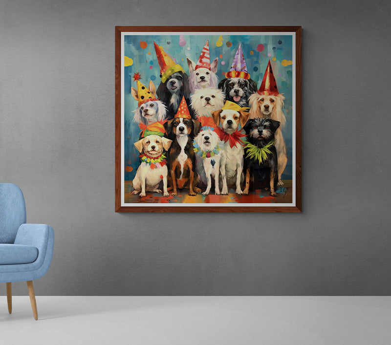 Playful dogs in party hats enjoying a fun animal paradise.