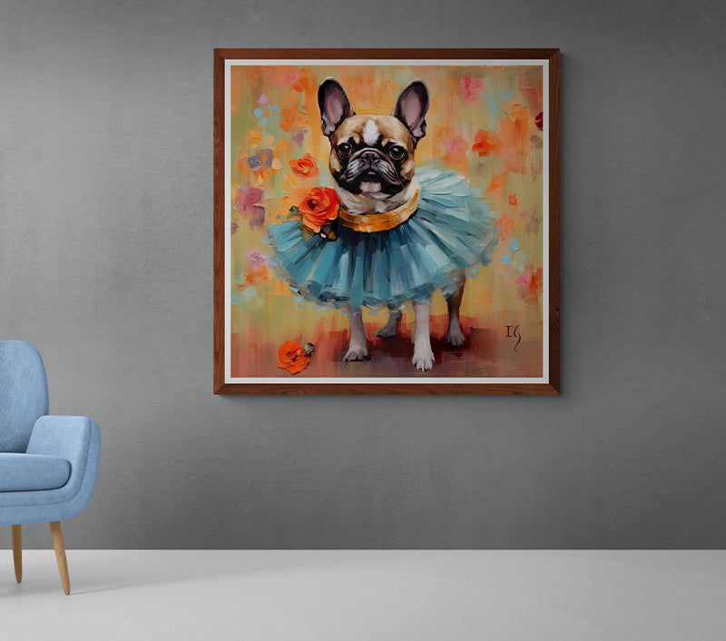 Amidst a dreamy backdrop of watercolor-like roses, a poised French Bulldog captures attention with its expressive face. The dog's sky-blue tulle collar, punctuated with a vibrant orange rose, adds a touch of regal elegance, harmonizing with the surrounding hues.