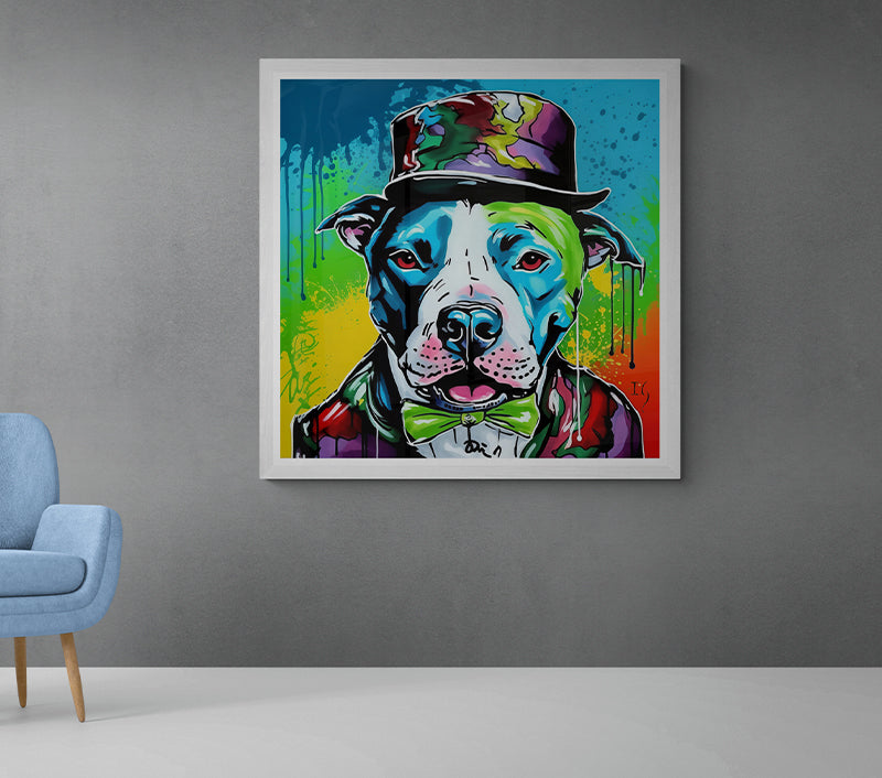 Kaleidoscope of colors painting a dapper dog in elegant attire, reflecting an aura of mischief and sophistication combined.
