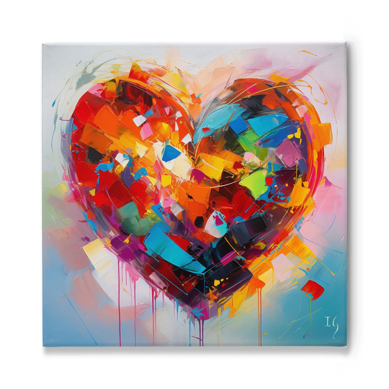 Kaleidoscopic abstract heart canvas art, a symphony of vibrant colors, ideal for adding romantic flair to any room.