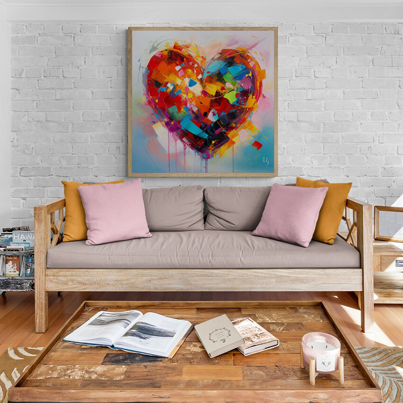 Colorful abstract heart painting in a calm workspace, offering a luminous touch of love and creativity, perfect for inspiring surroundings.