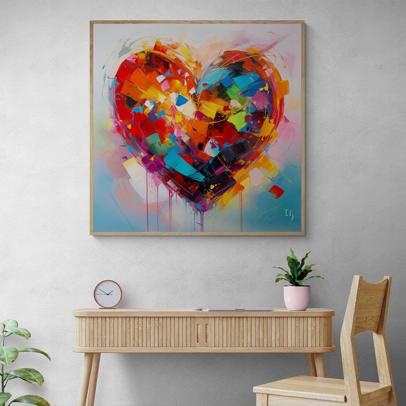 Vibrant heart abstract art above a wooden desk, merging saturated color with a serene workspace vibe, ideal for modern home offices.