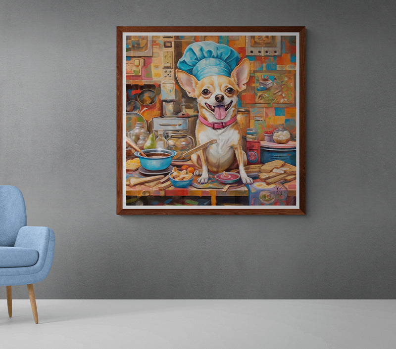 In a bustling, artistic kitchen setting, a beaming chihuahua takes center stage, wearing a chef's hat and flashing a playful grin. Ingredients like eggs, bread, and fruit are spread out, while cooking tools and vivid kitchen tiles create a lively backdrop.