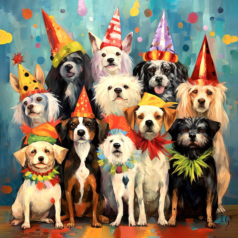 Colorful canine celebration with happy pets in party hats.