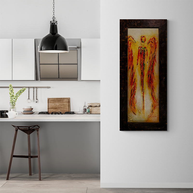 Celestial Guardian canvas print in room setting - angel painting by Ivan Guaderrama