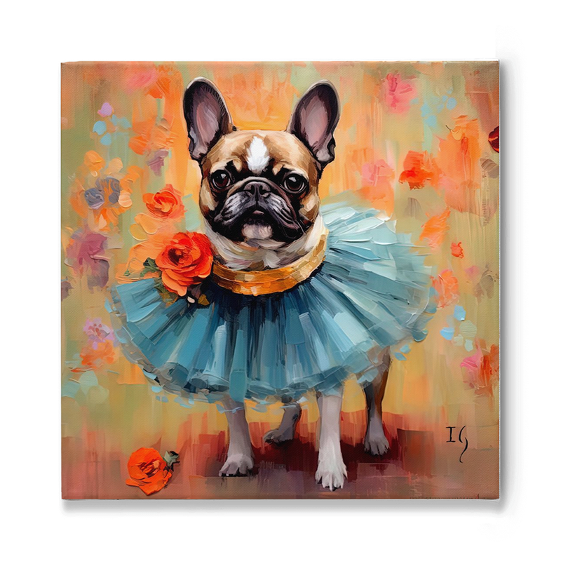 An elegant French Bulldog stand poised against a soft backdrop of blended oranges, pinks, and blues. The dog, adorned with a sky-blue tulle collar, has a bright orange rose pinned near its neck, mirroring the scattered roses throughout the background. Its earnest eyes gaze directly at the viewer, exuding a mixture of pride and serenity.