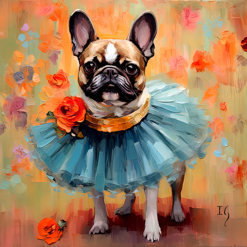 In a setting reminiscent of a romantic ballroom, a French Bulldog adorned in a ruffled sky-blue collar and an orange rose stands gracefully. The warm-toned, rose-infused background complements the dog's dignified demeanor, creating an atmosphere of vintage charm.