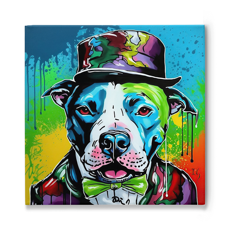 Expressive dog portrait awash in vibrant hues, stylishly adorned with a top hat, capturing the playful spirit of a timeless companion.