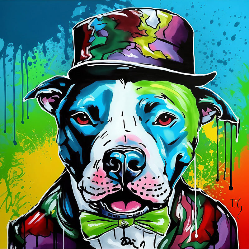 Colorful pitbull with top hat and bow tie in vibrant portrait