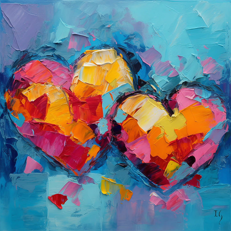 Colorful abstract intertwined hearts artwork, expressing love and joy, ideal for modern home interior design.