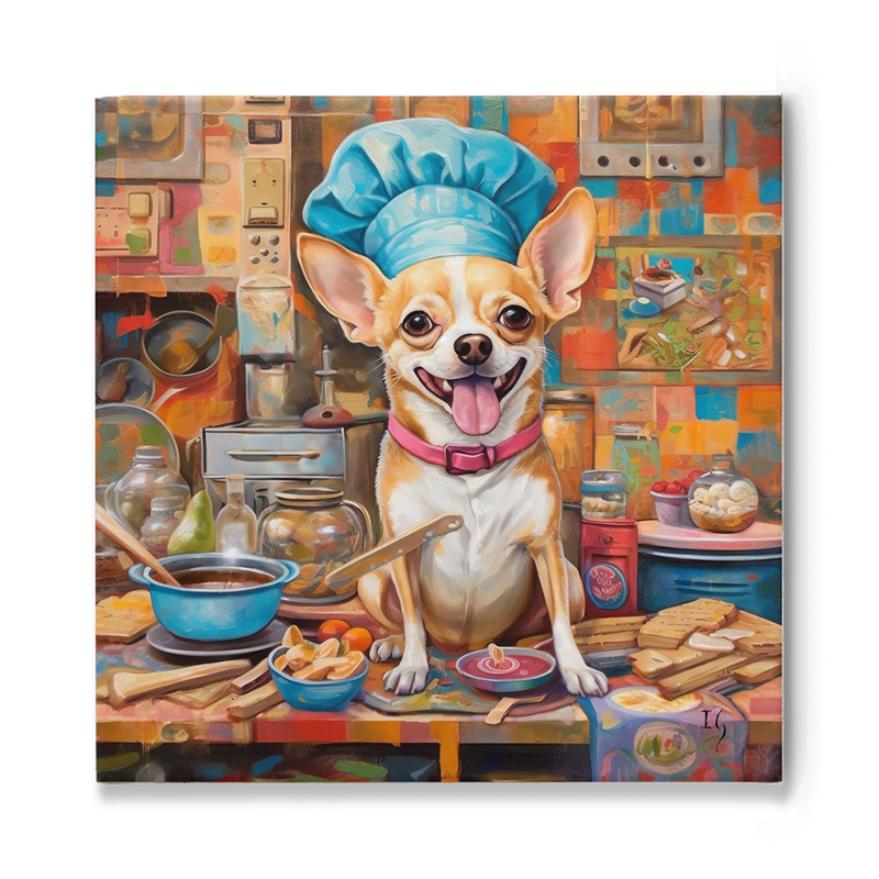 A joyful chihuahua, clad in a chef's ensemble, looks ready to whip up a delightful dish. The vibrant, mosaic-like kitchen tiles, cooking instruments, and array of ingredients hint at a culinary adventure.
