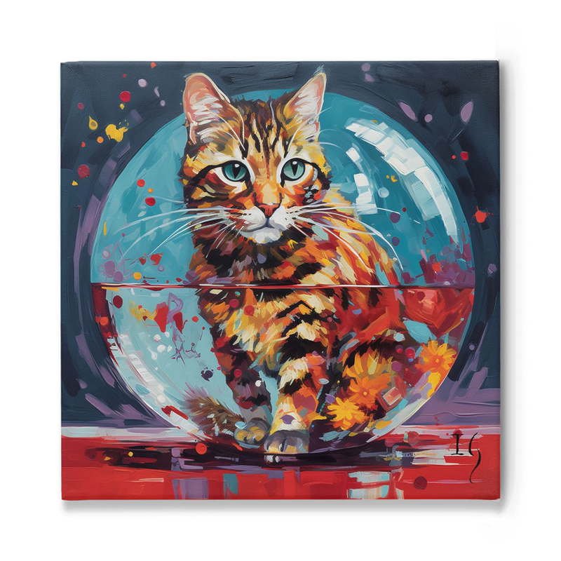 Modern art piece showing a cat in a fishbowl