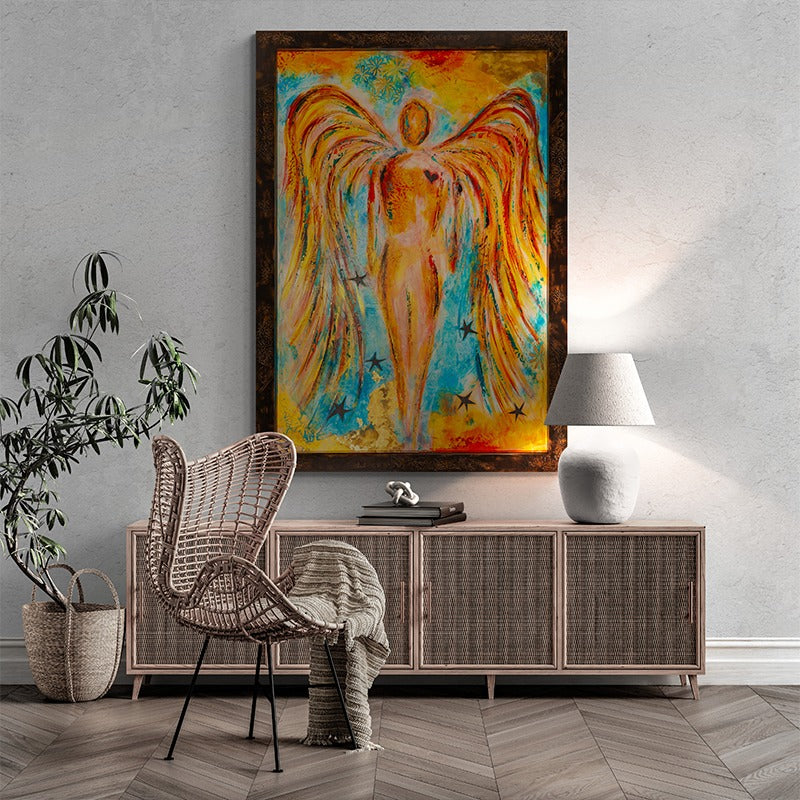 Divine Strength in Color canvas print in room setting - angel painting by Ivan Guaderrama